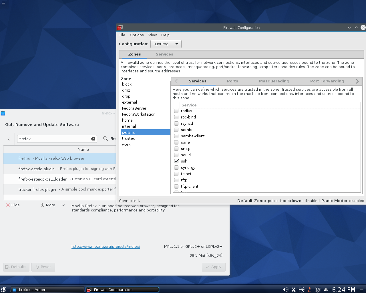 Fedora desktop screenshot: 22 firewall