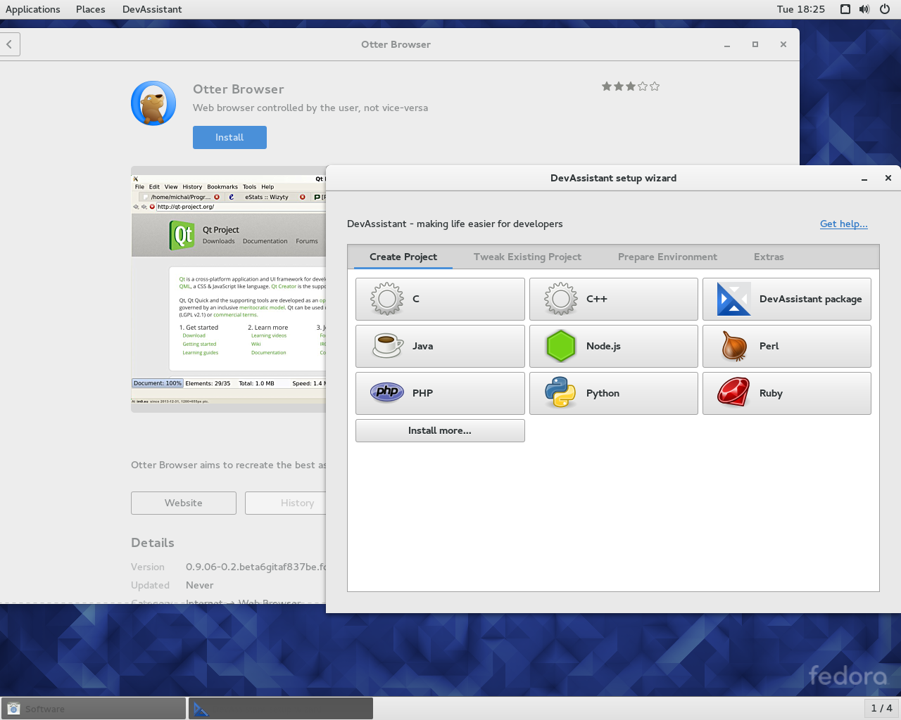 Fedora desktop screenshot: 23 devassistant