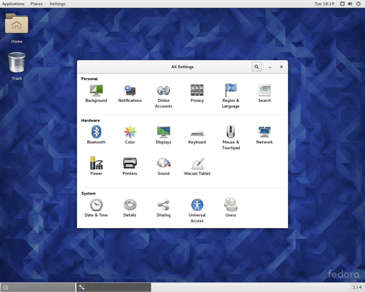 Fedora desktop screenshot: 23 settings