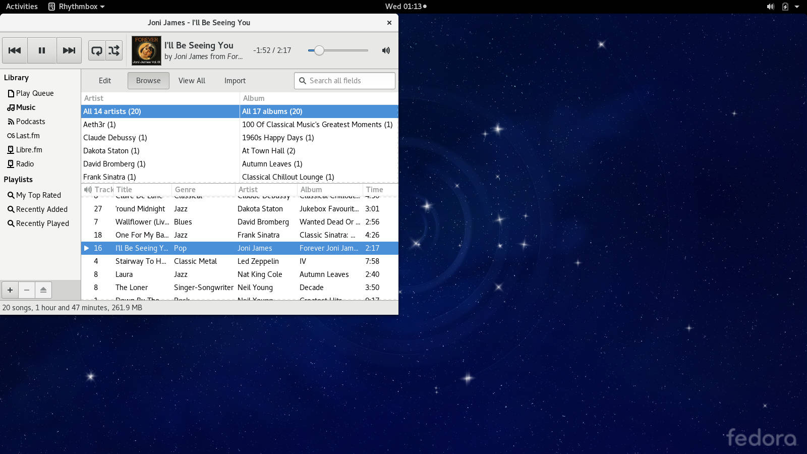 Fedora desktop screenshot: 24 music