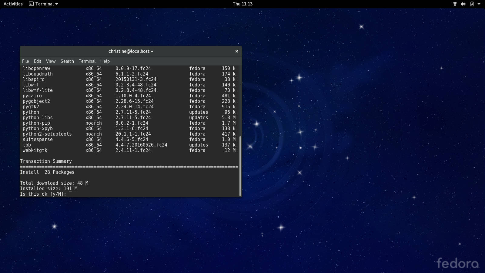 Fedora desktop screenshot: 24 packages