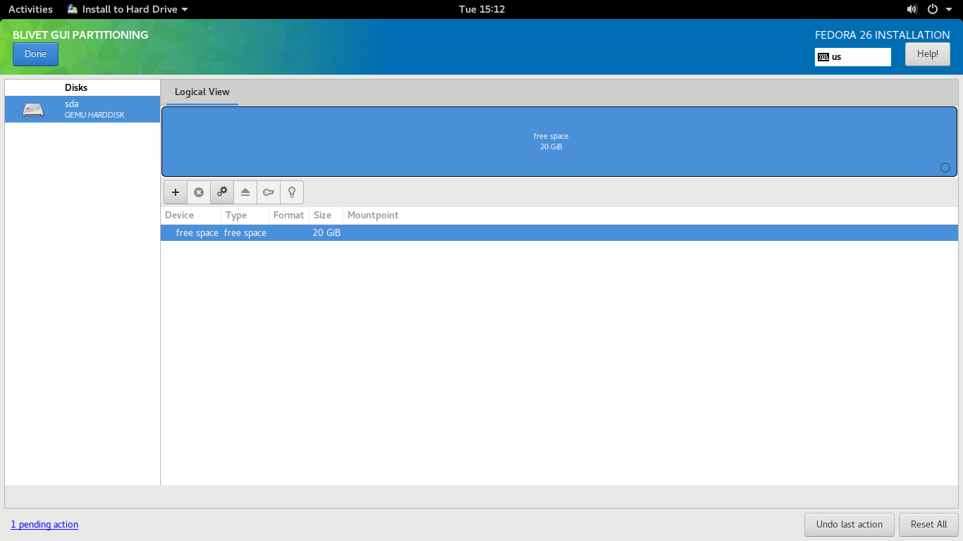 Fedora desktop screenshot: 26 blivet