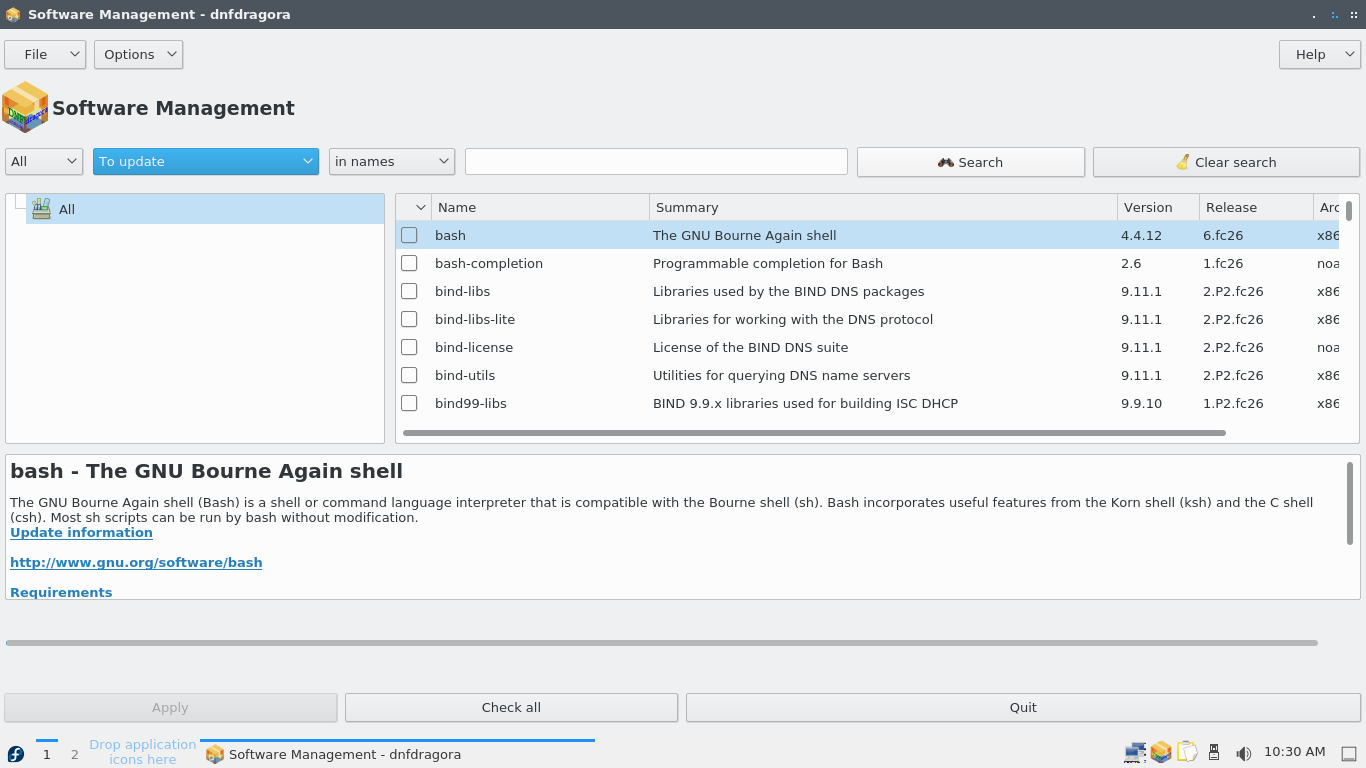 Fedora desktop screenshot: 26 software