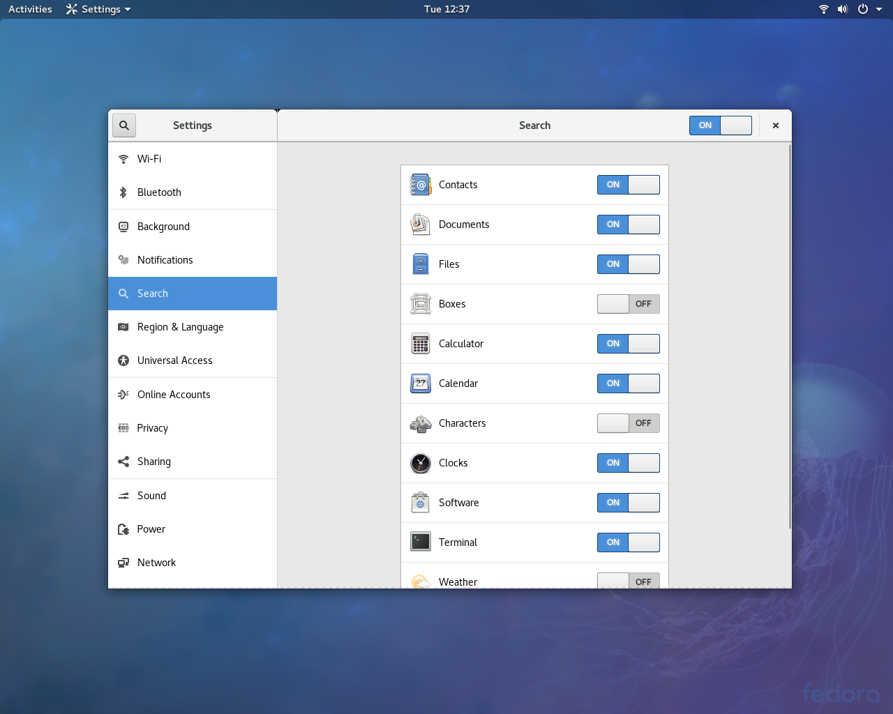 Fedora desktop screenshot: 27 settings
