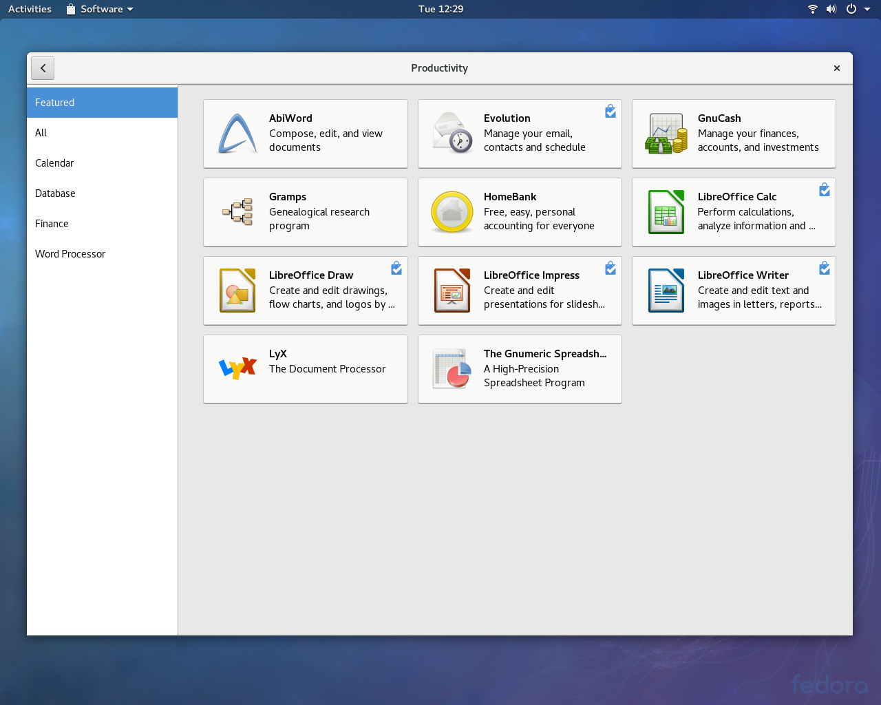 Fedora desktop screenshot: 27 software