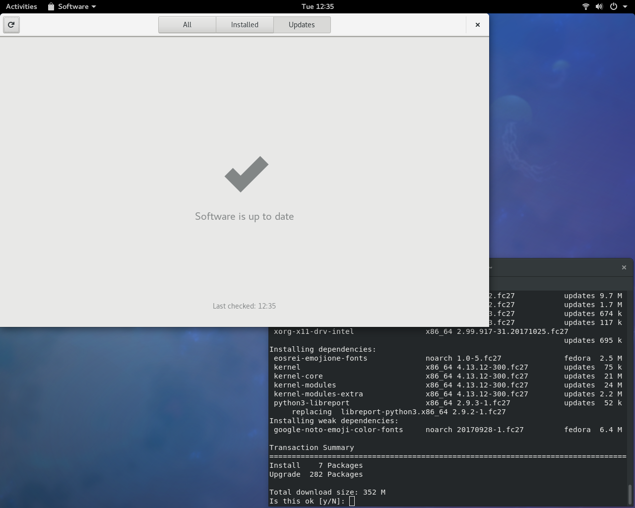 Fedora desktop screenshot: 27 updates