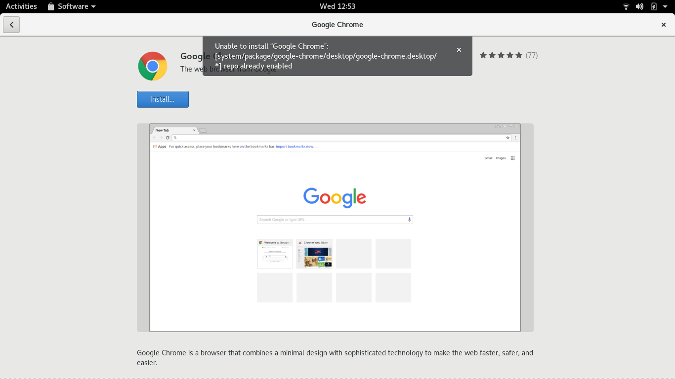 Fedora desktop screenshot: 28 chrome failing