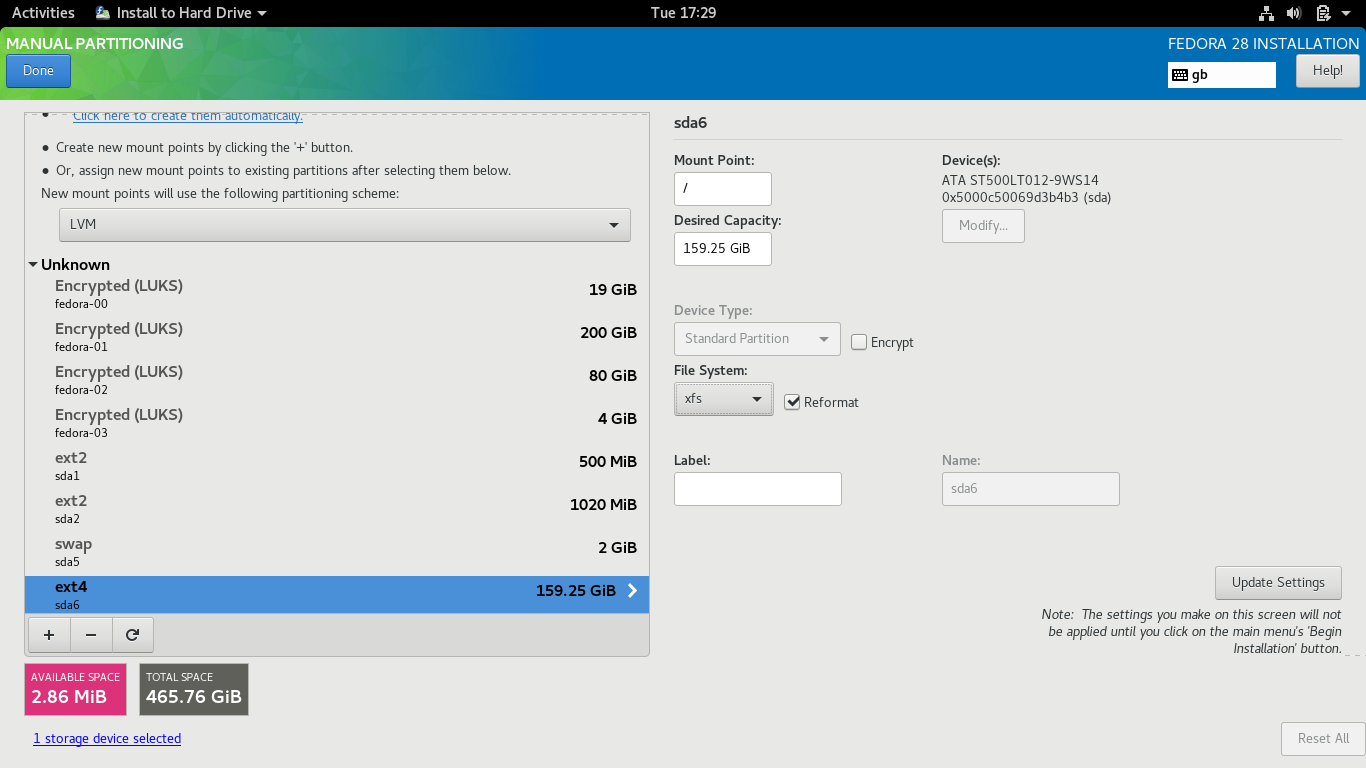 Fedora desktop screenshot: 28 install harddrive
