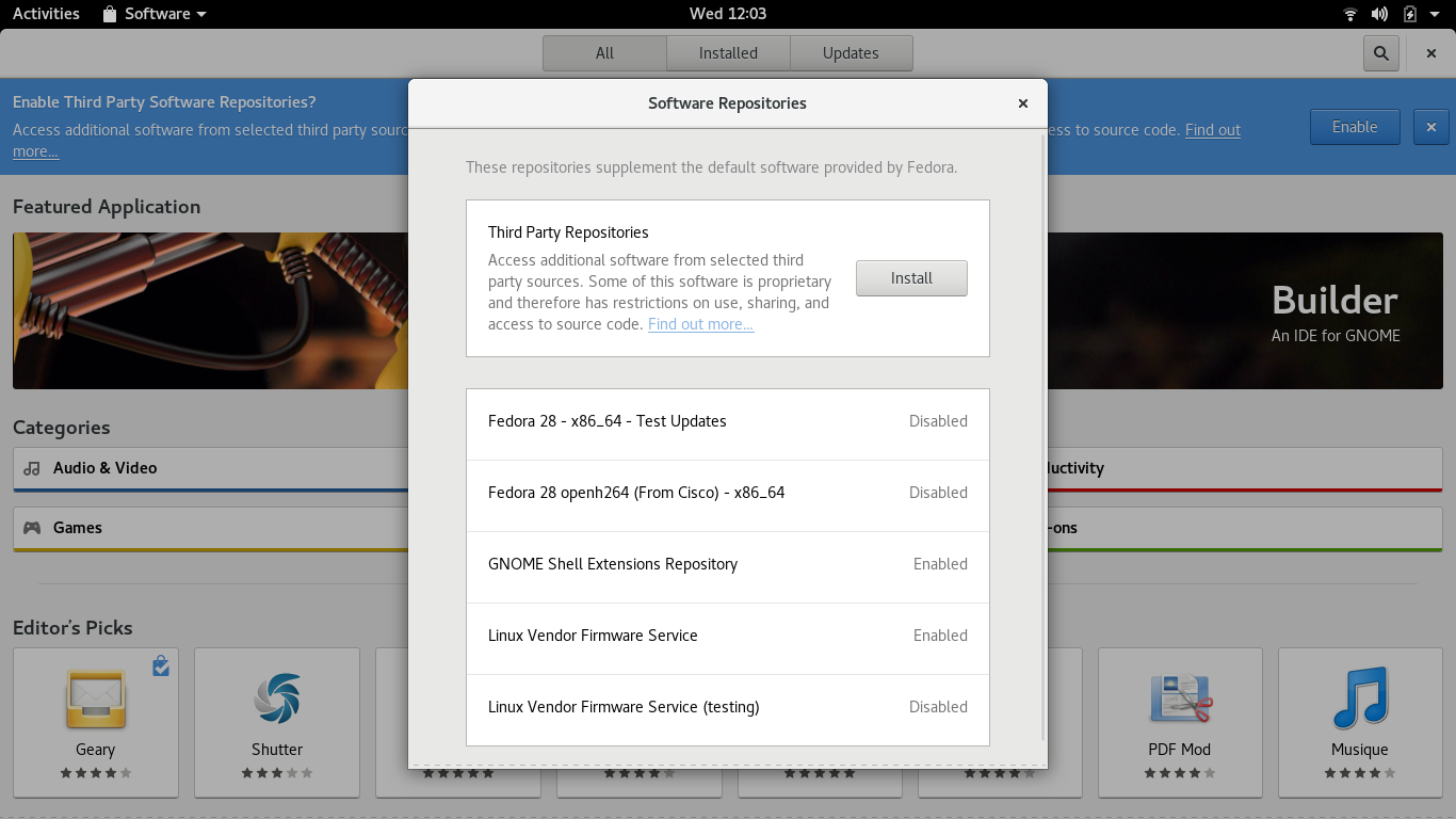 Fedora desktop screenshot: 28 software repositories
