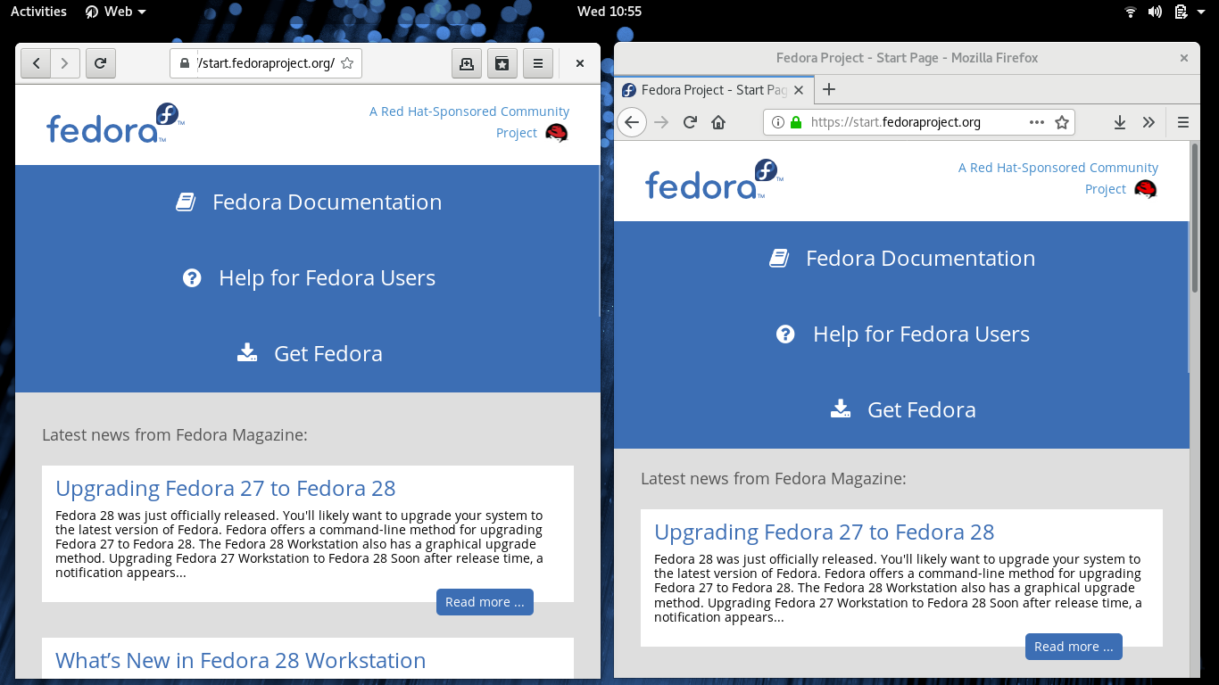 Fedora desktop screenshot: 28 web firefox