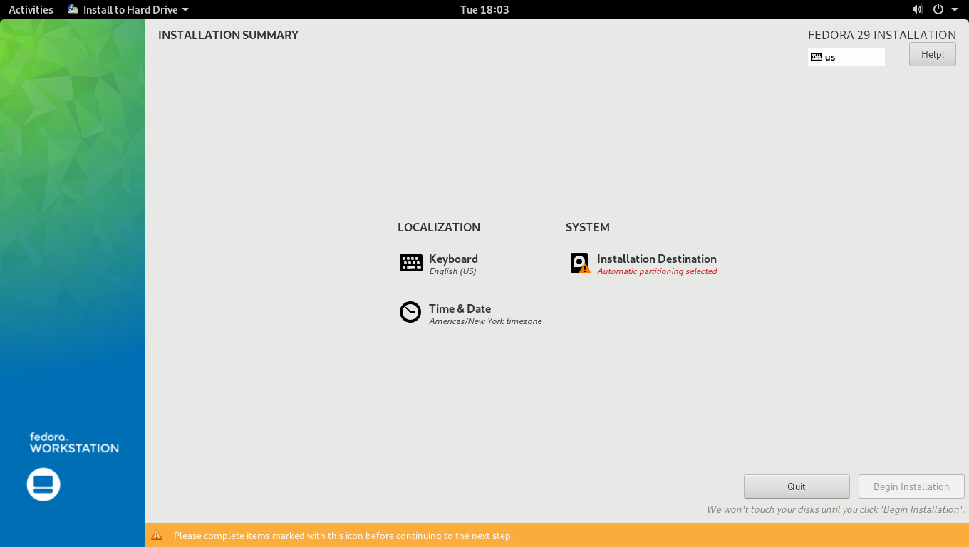 Fedora desktop screenshot: 29 installer