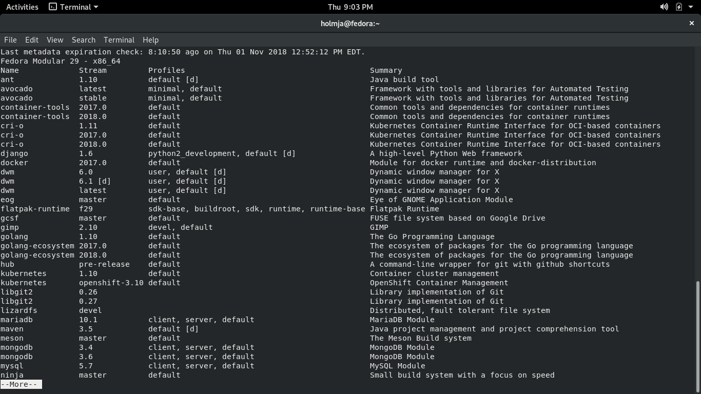 Fedora desktop screenshot: 29 modules