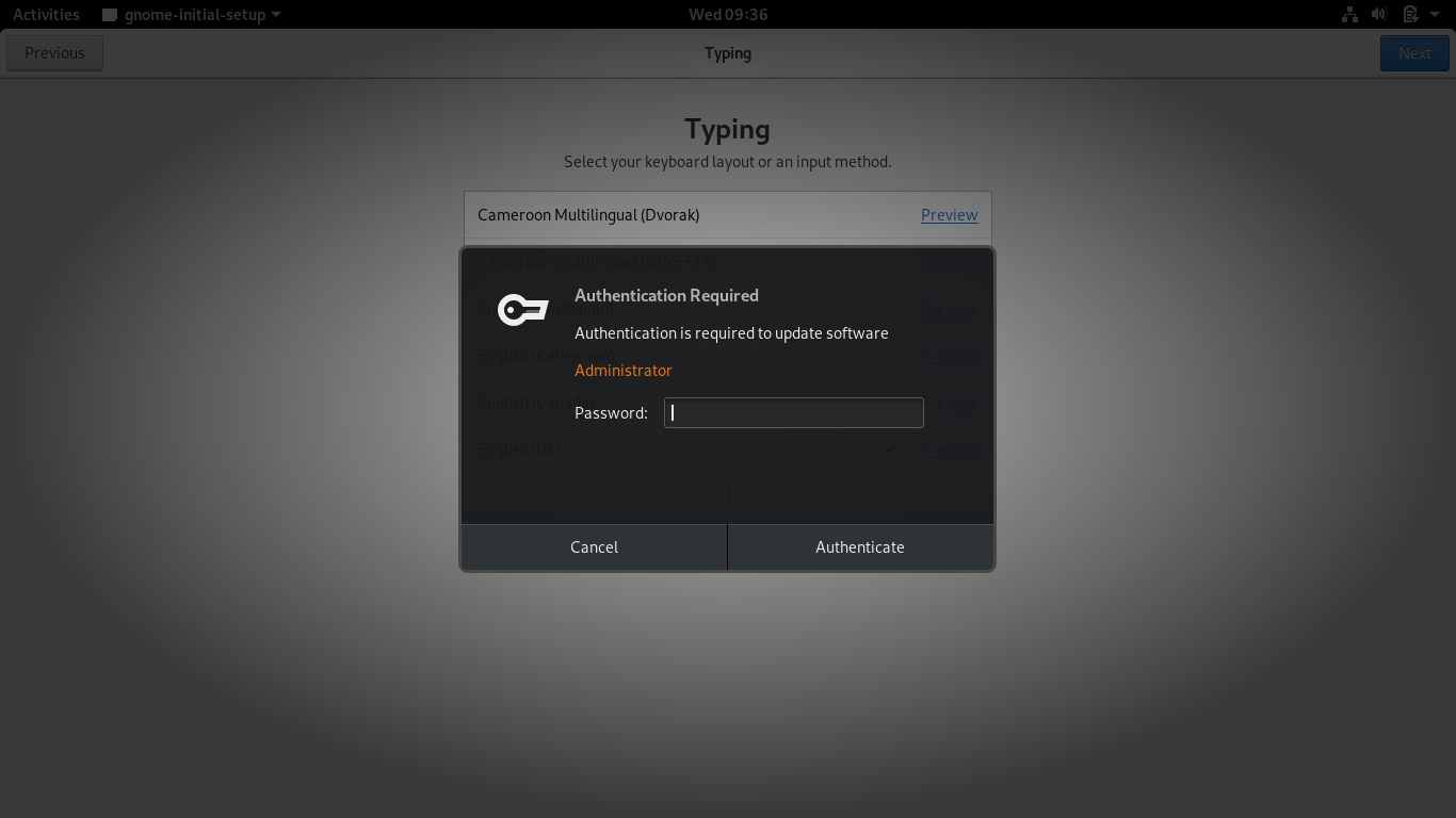 Fedora desktop screenshot: 29 silverblue authentication