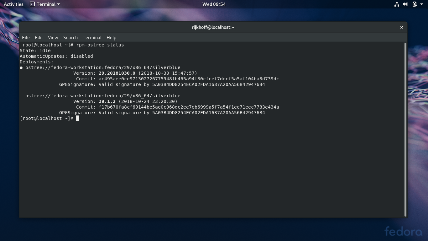Fedora desktop screenshot: 29 silverblue deployments
