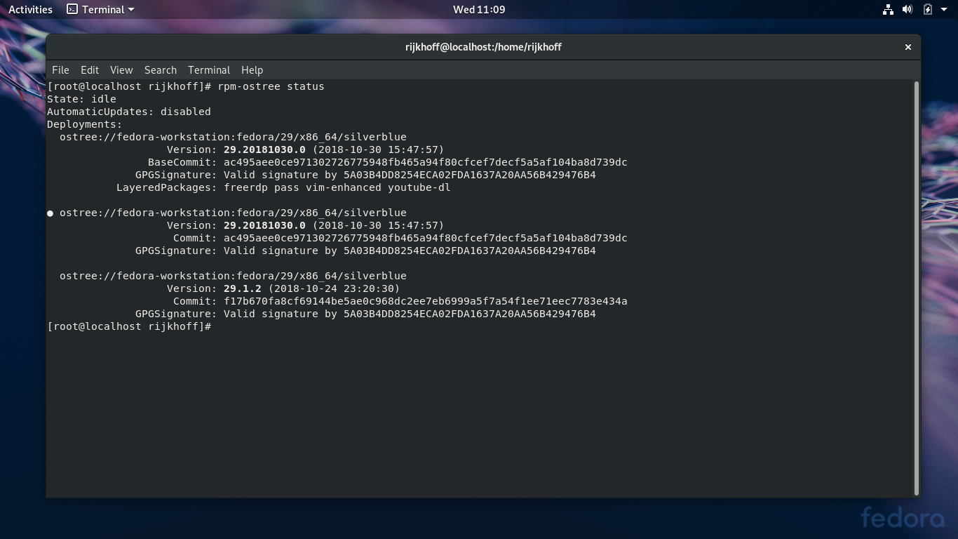 Fedora desktop screenshot: 29 silverblue layered packages
