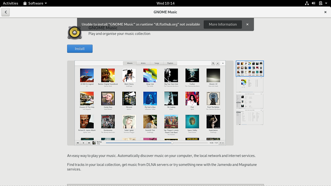 Fedora desktop screenshot: 29 silverblue music