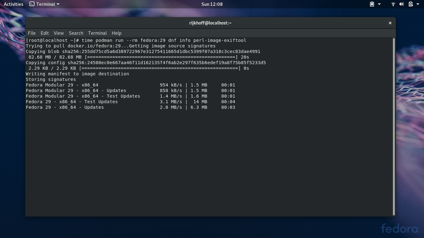 Fedora desktop screenshot: 29 silverblue podman