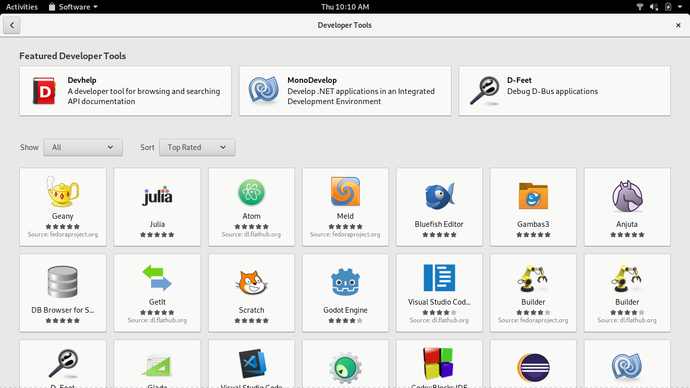 Fedora desktop screenshot: 29 software