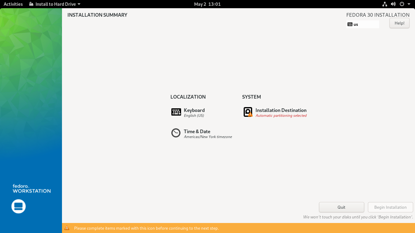 Fedora desktop screenshot: 30 anaconda installer