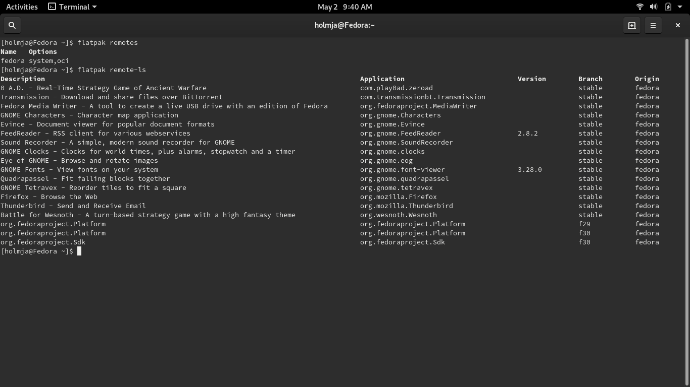 Fedora desktop screenshot: 30 fedora flatpak repository