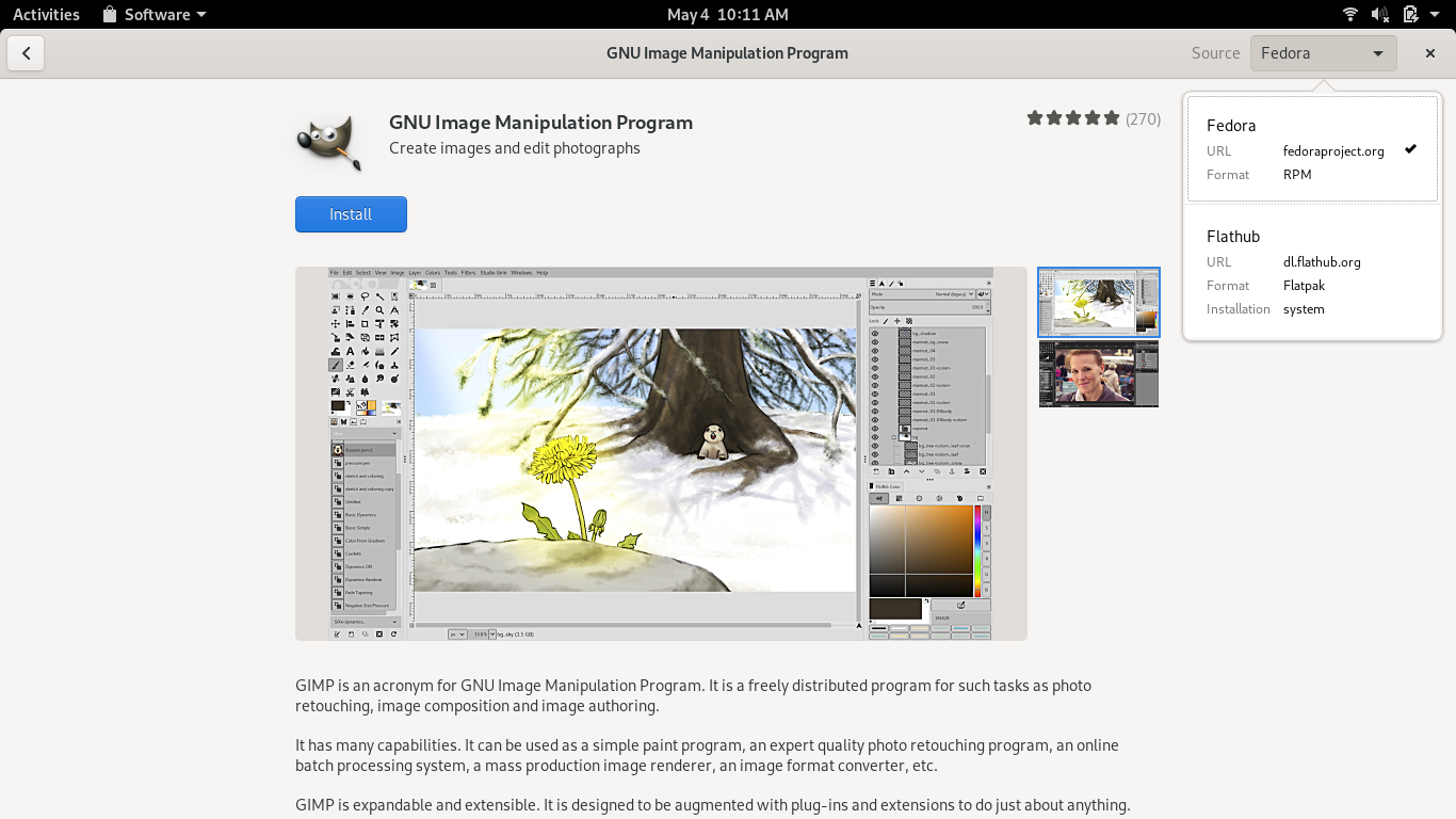Fedora desktop screenshot: 30 gnome software with source selection menu