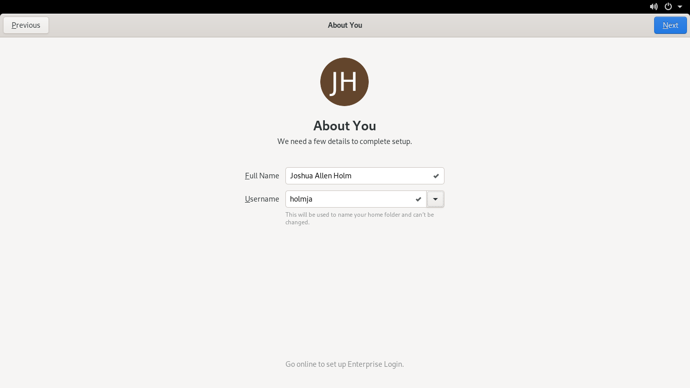 Fedora desktop screenshot: 30 new user creation in gnome initial setup