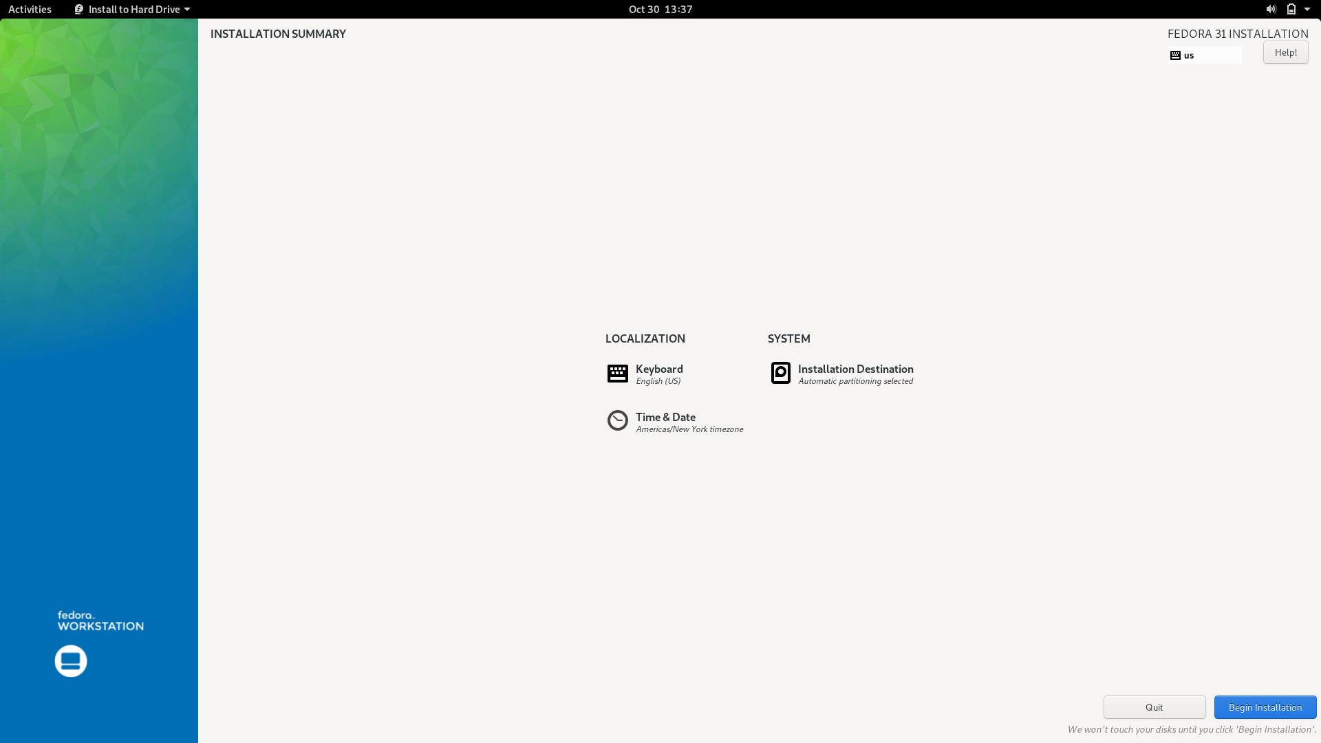 Fedora desktop screenshot: 31 anaconda installation options