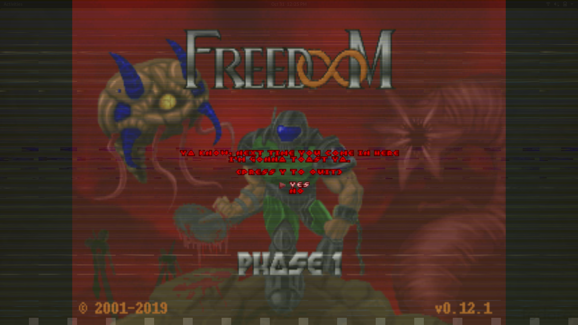 Fedora desktop screenshot: 31 freedoom flatpak application failing to exit