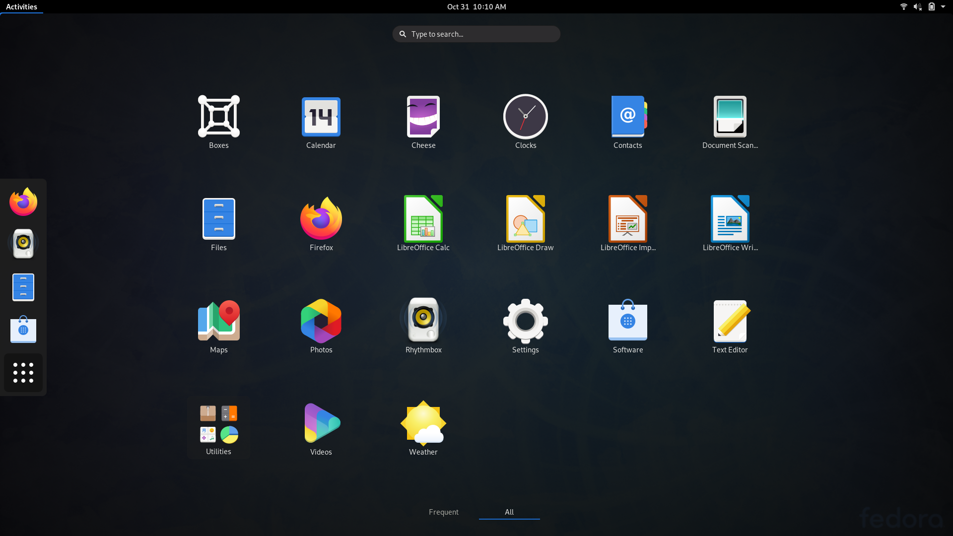 Fedora desktop screenshot: 31 workstation default software