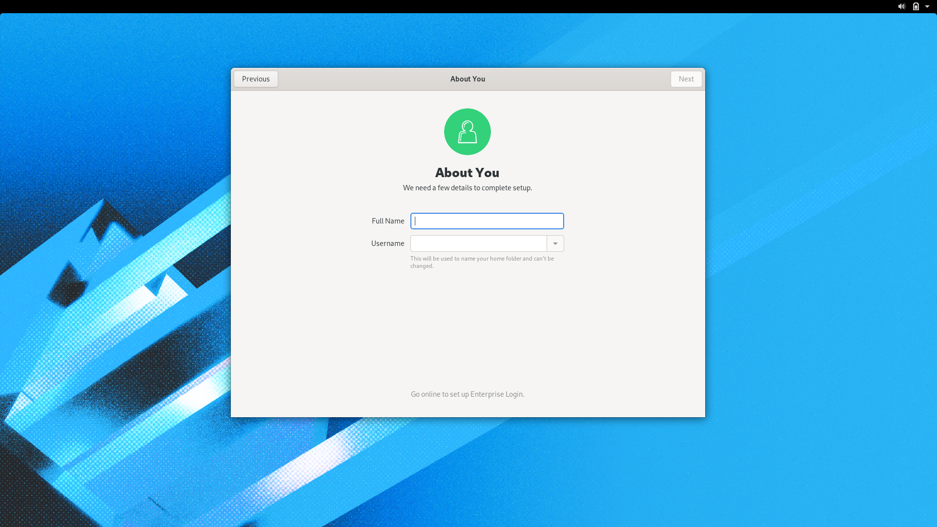Fedora desktop screenshot: 32 workstation creating a new user in gnome initial setup