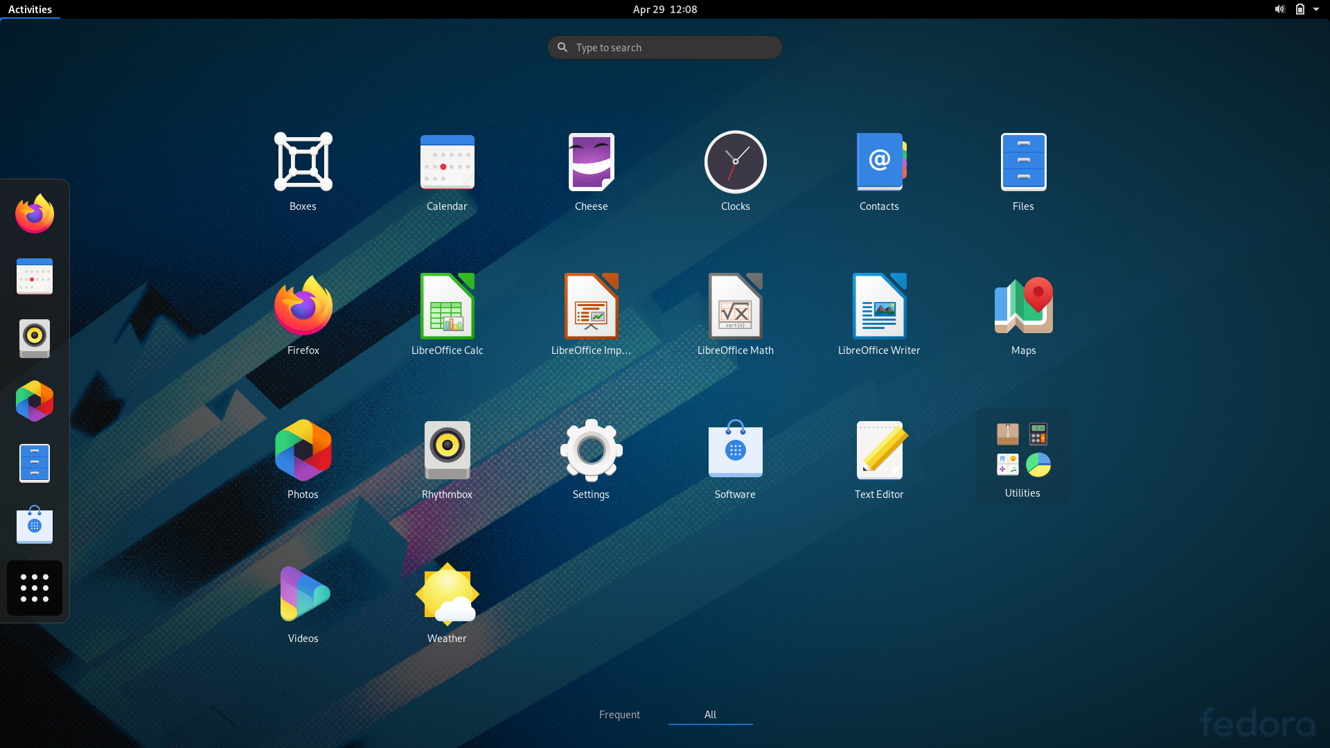 Fedora desktop screenshot: 32 workstation default software selection
