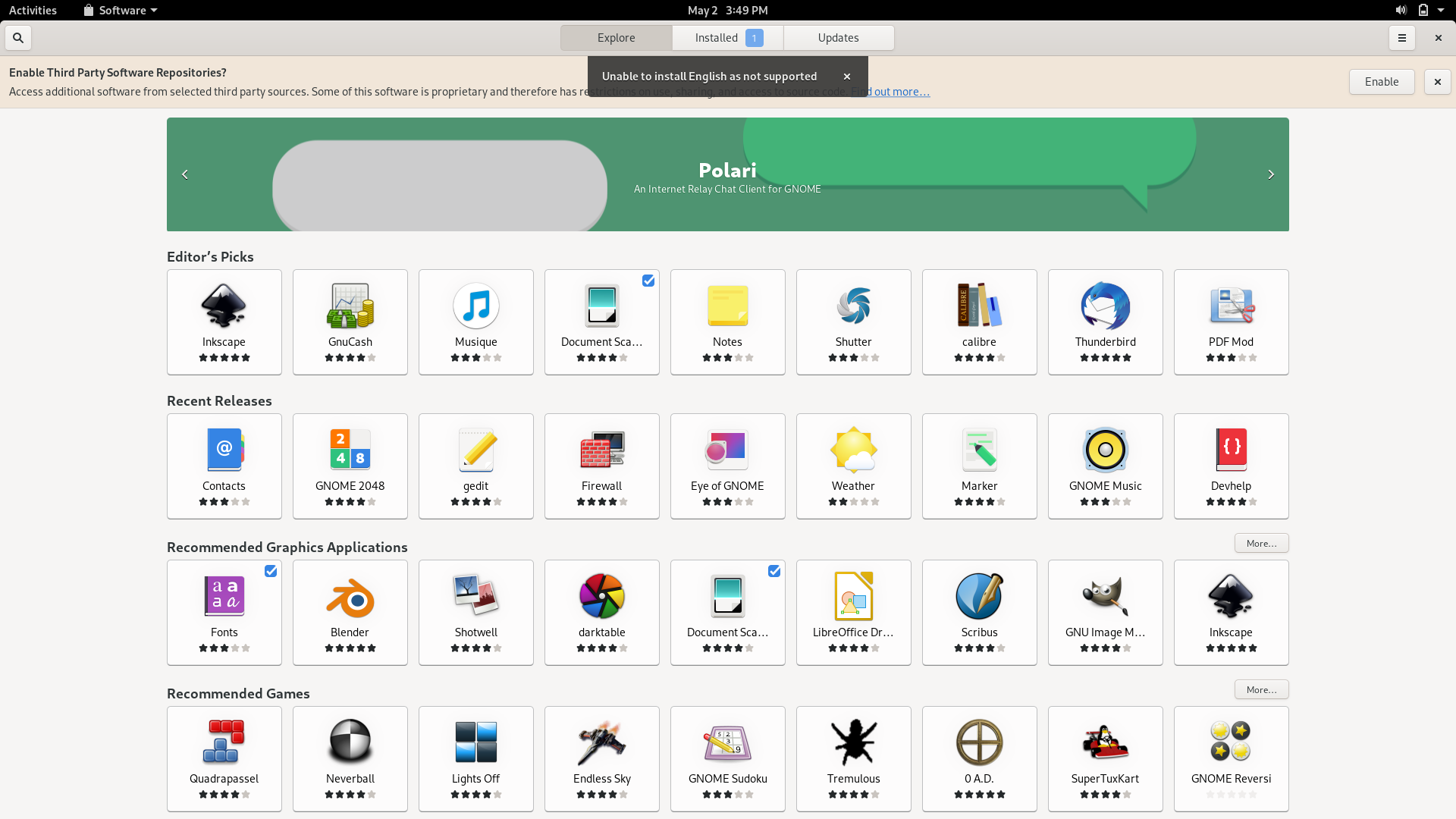 Fedora desktop screenshot: 32 workstation gnome software