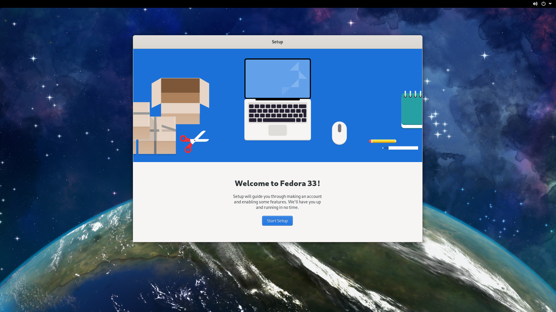 Fedora desktop screenshot: 33 initial setup wizard