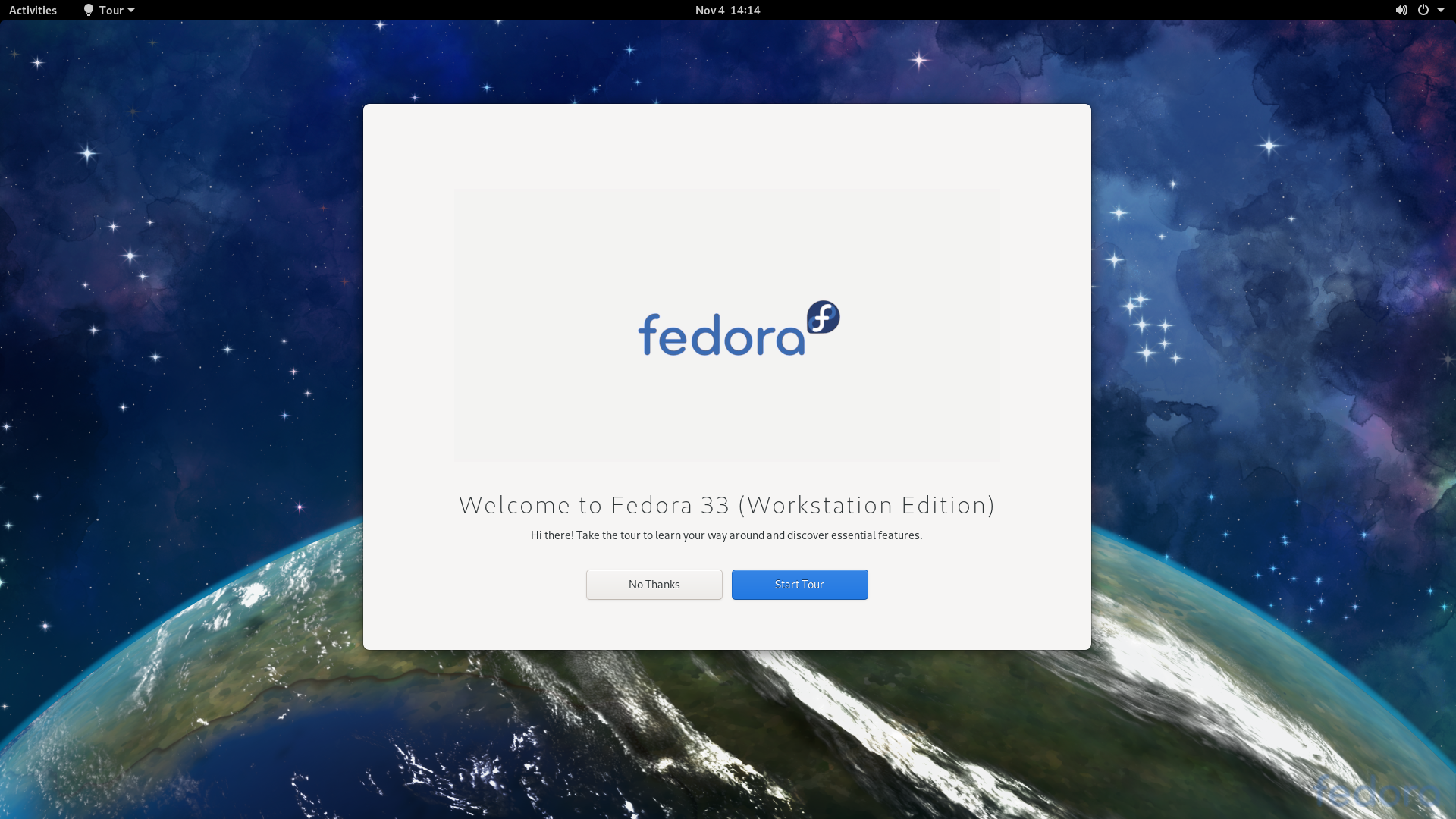 Fedora desktop screenshot: 33 welcome tour