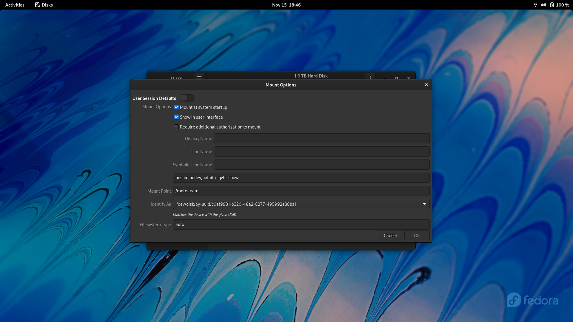 Fedora desktop screenshot: 35 auto mounting disks