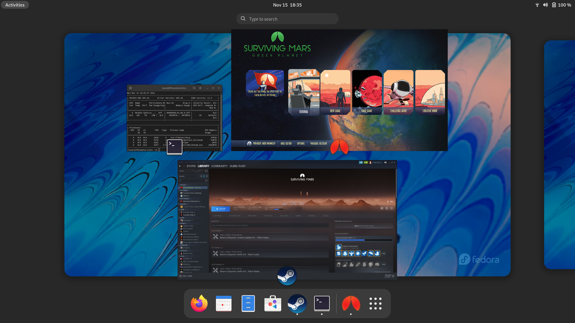 Fedora desktop screenshot: 35 games nvidia proprietary multitasking