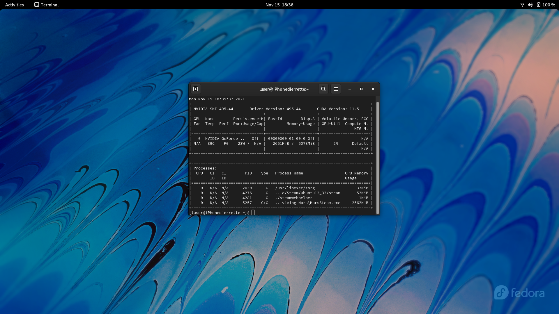 Fedora desktop screenshot: 35 nvidia smi output