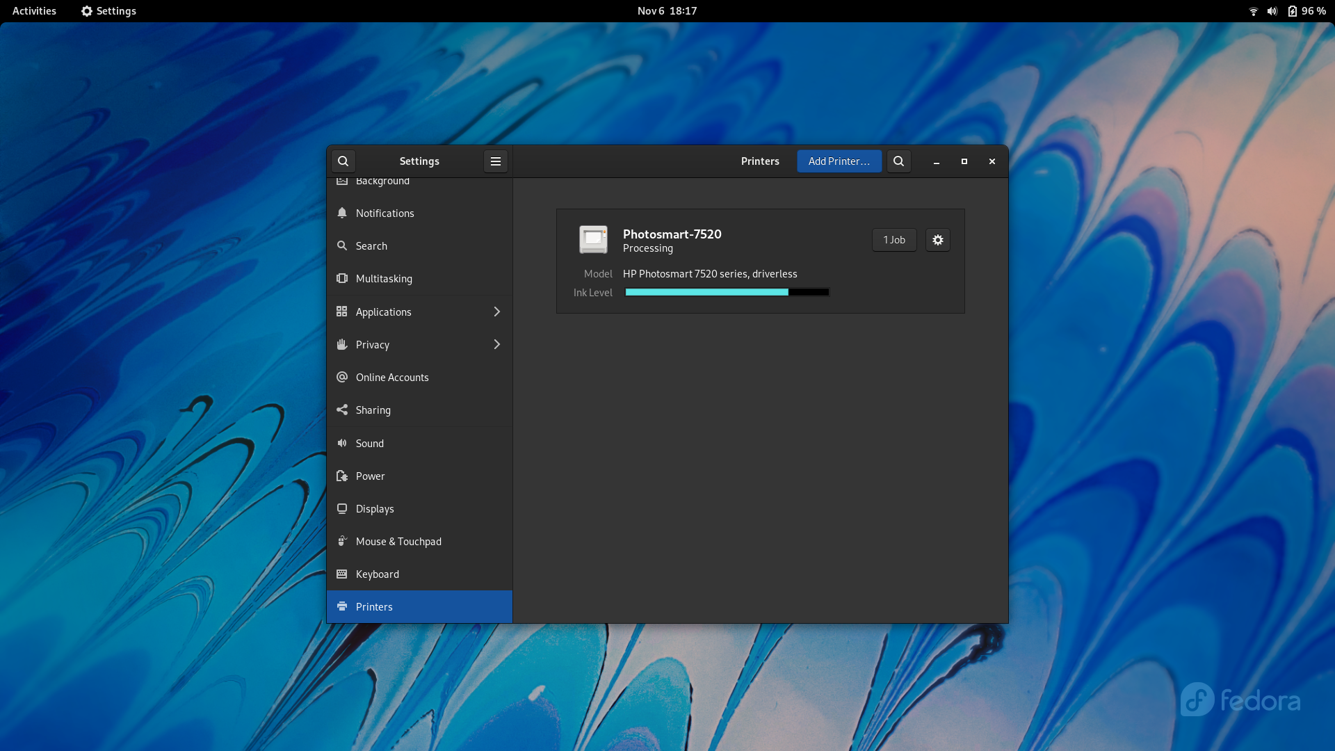 Fedora desktop screenshot: 35 optional other printer photo