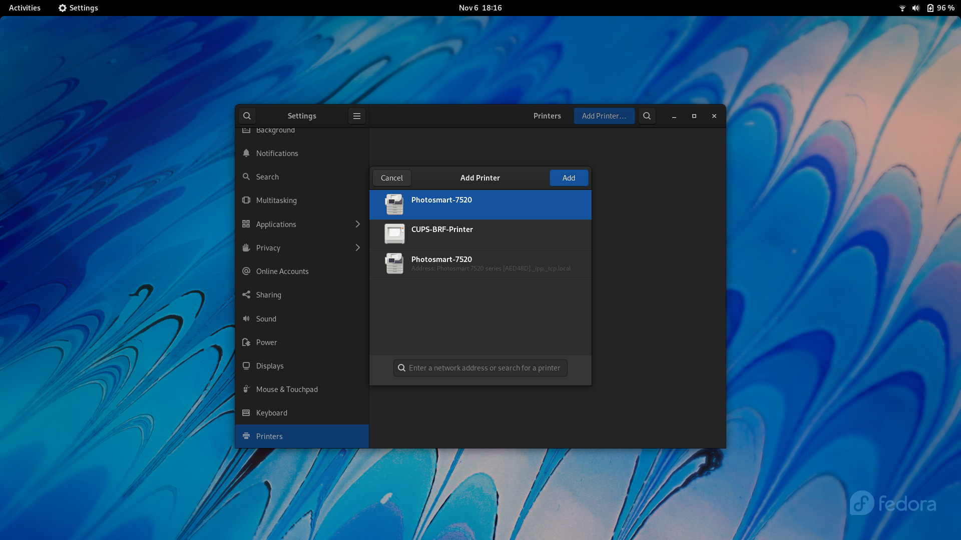 Fedora desktop screenshot: 35 printer support out of the box