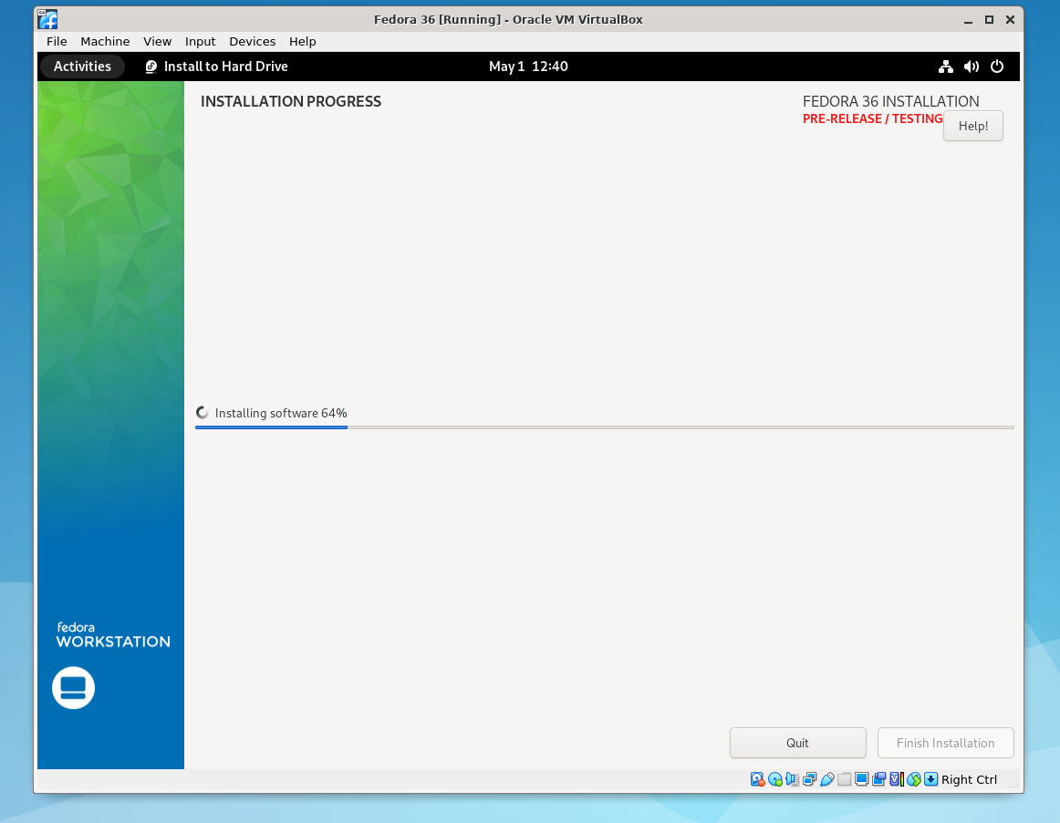 Fedora desktop screenshot: 36 virtualbox