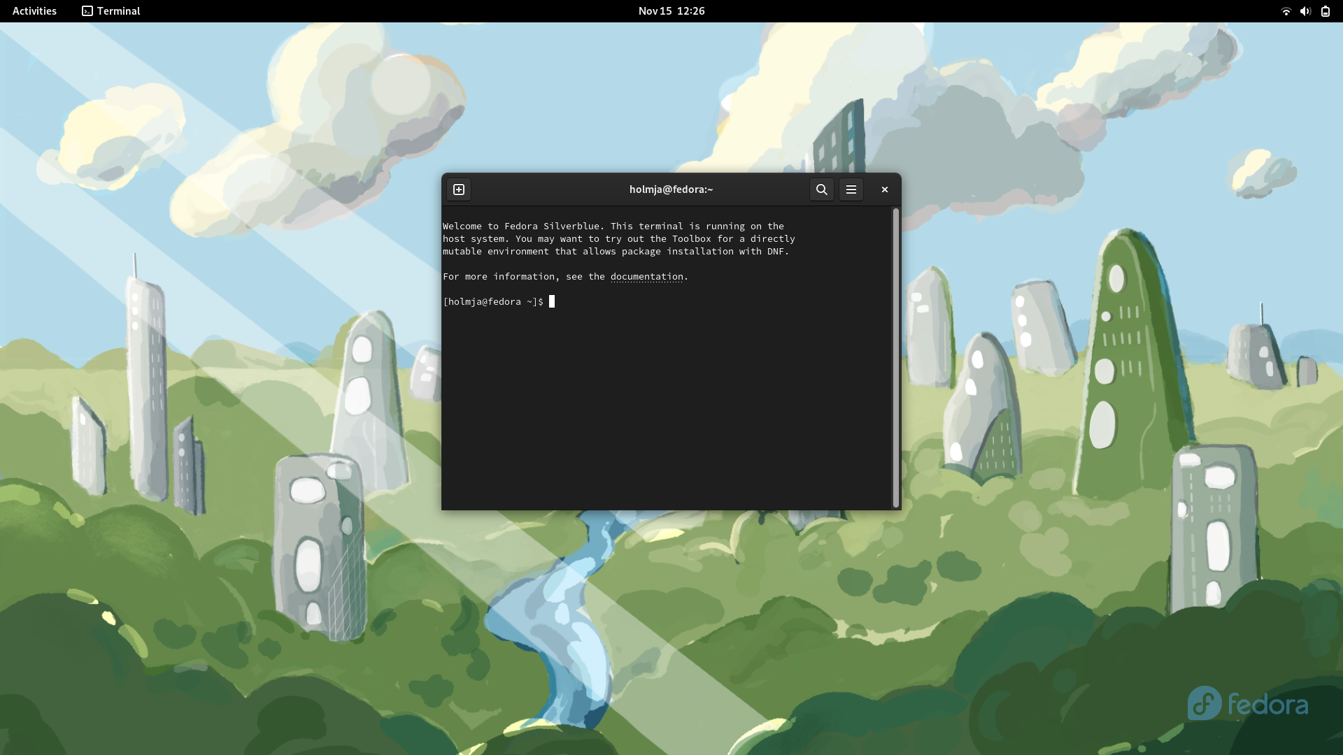 Fedora desktop screenshot: 37 silverblue terminal with toolbox information