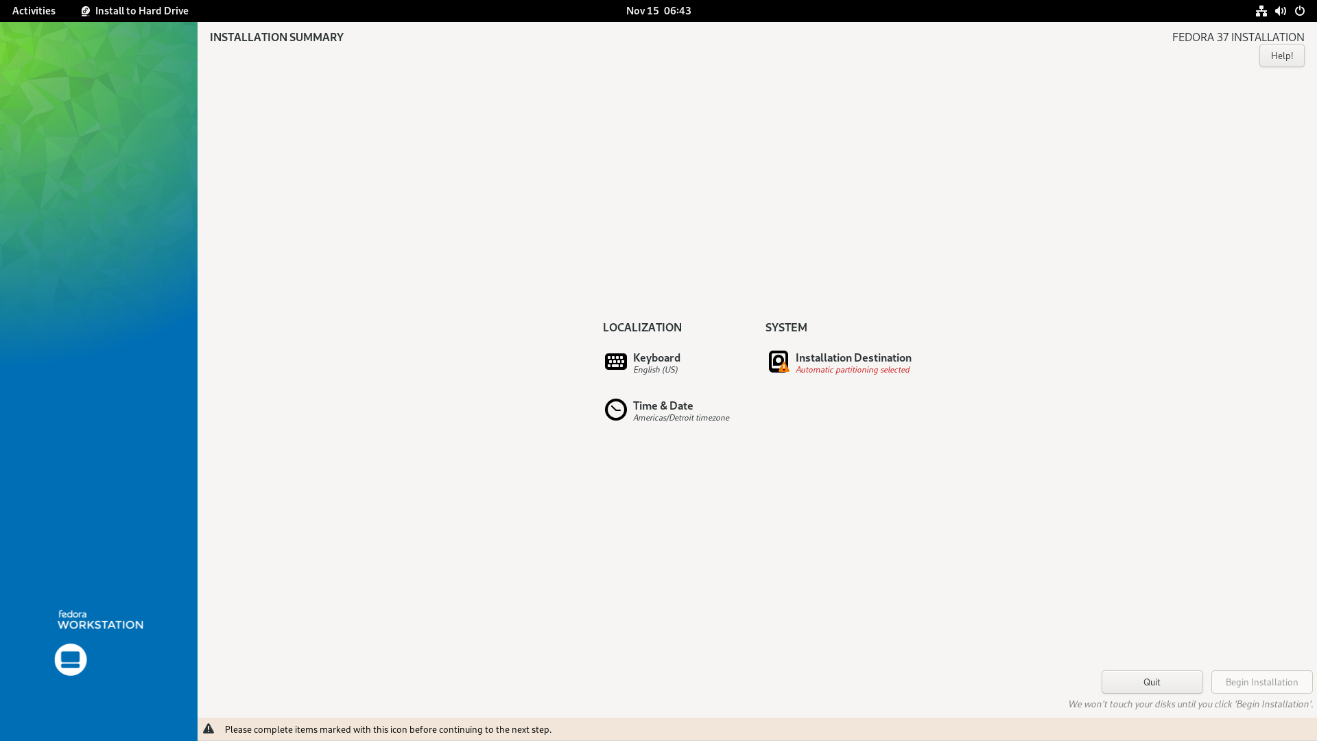 Fedora desktop screenshot: 37 workstation anaconda installation options