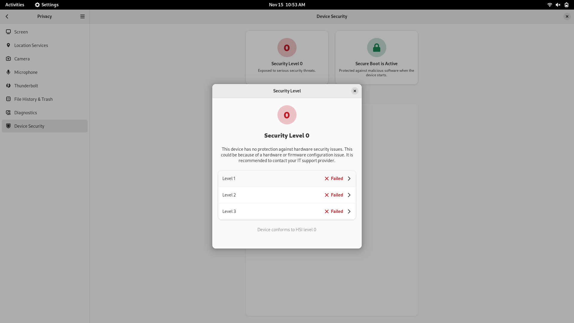 Fedora desktop screenshot: 37 workstation device security settings panel