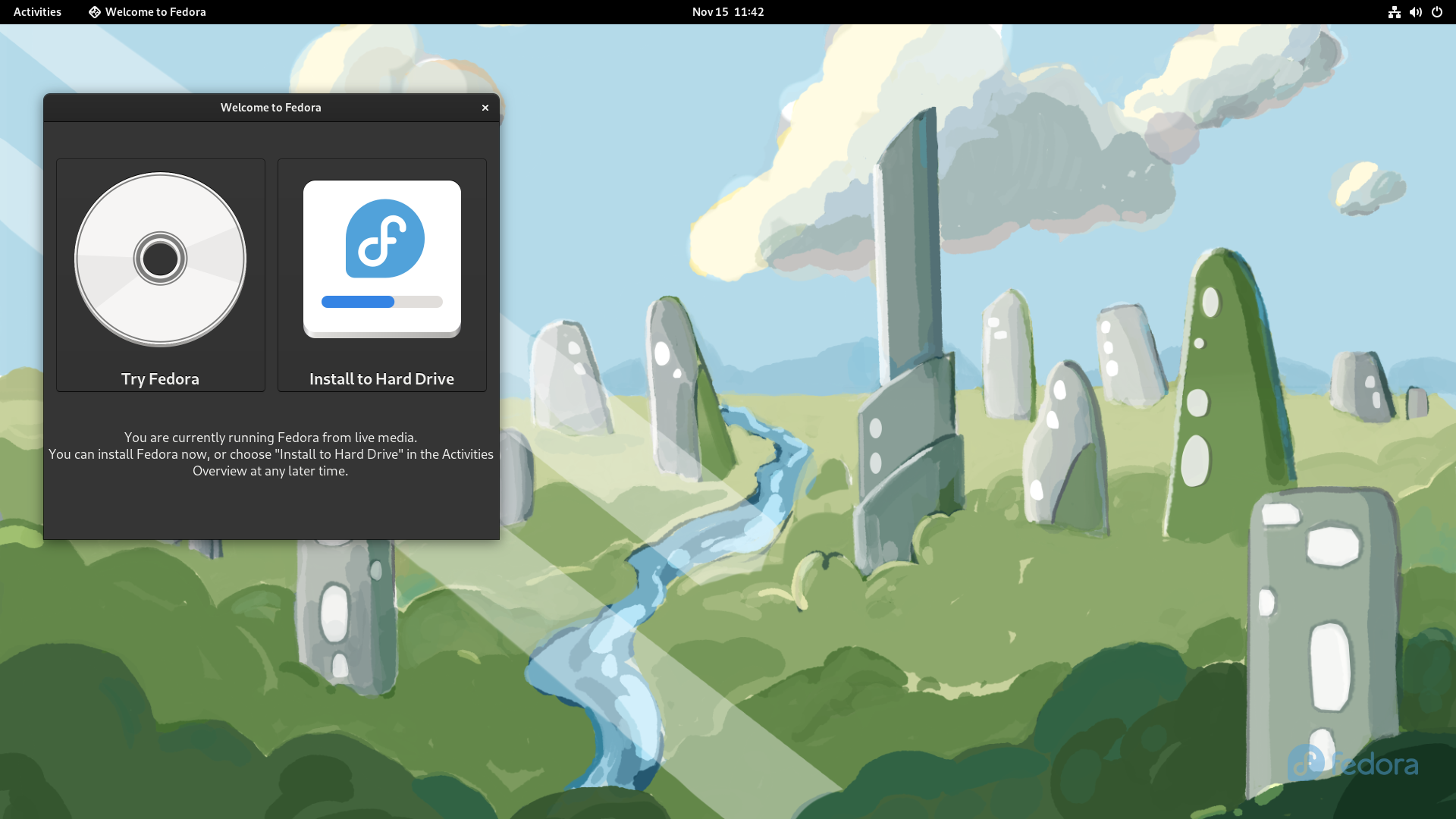 Fedora desktop screenshot: 37 workstation live desktop with try or install options
