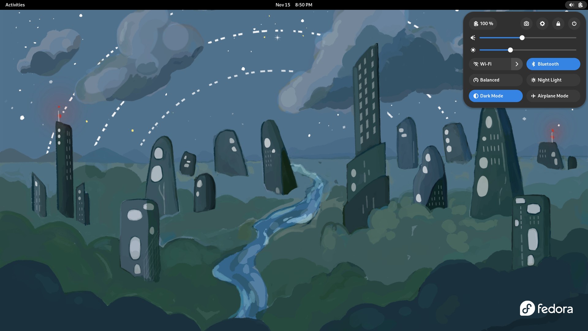 Fedora desktop screenshot: 37 workstation quick settings panel