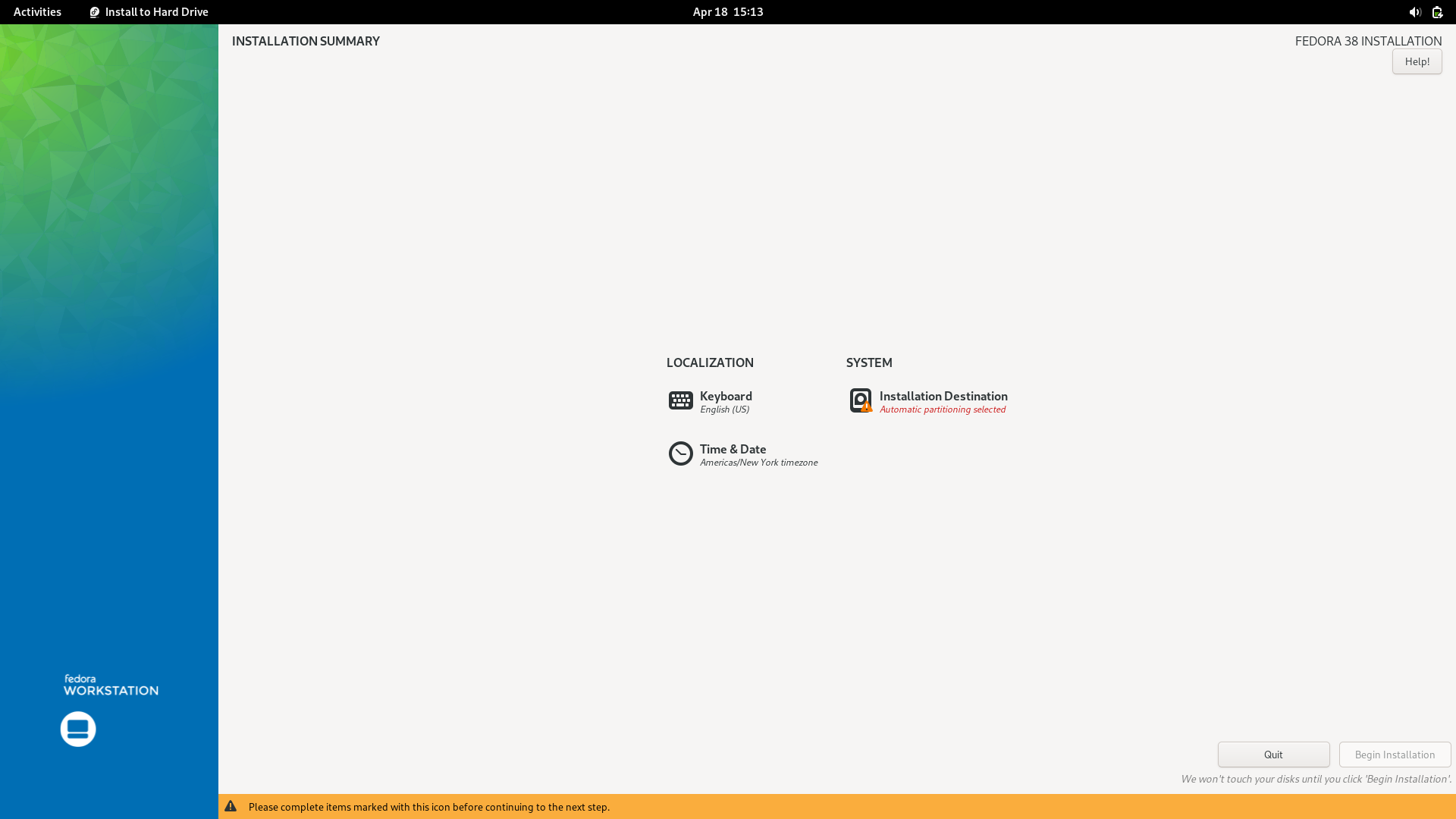 Fedora desktop screenshot: 38 anaconda installer