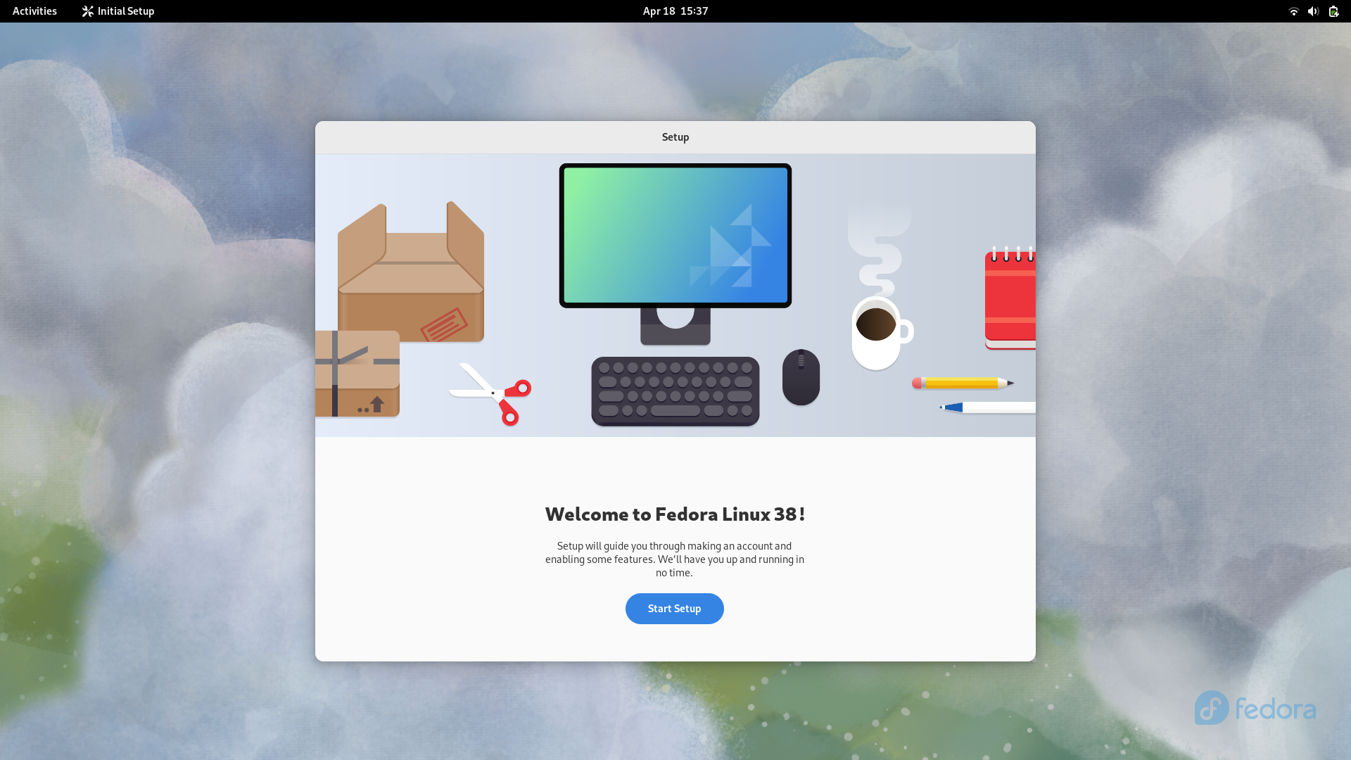 Fedora desktop screenshot: 38 initial setup