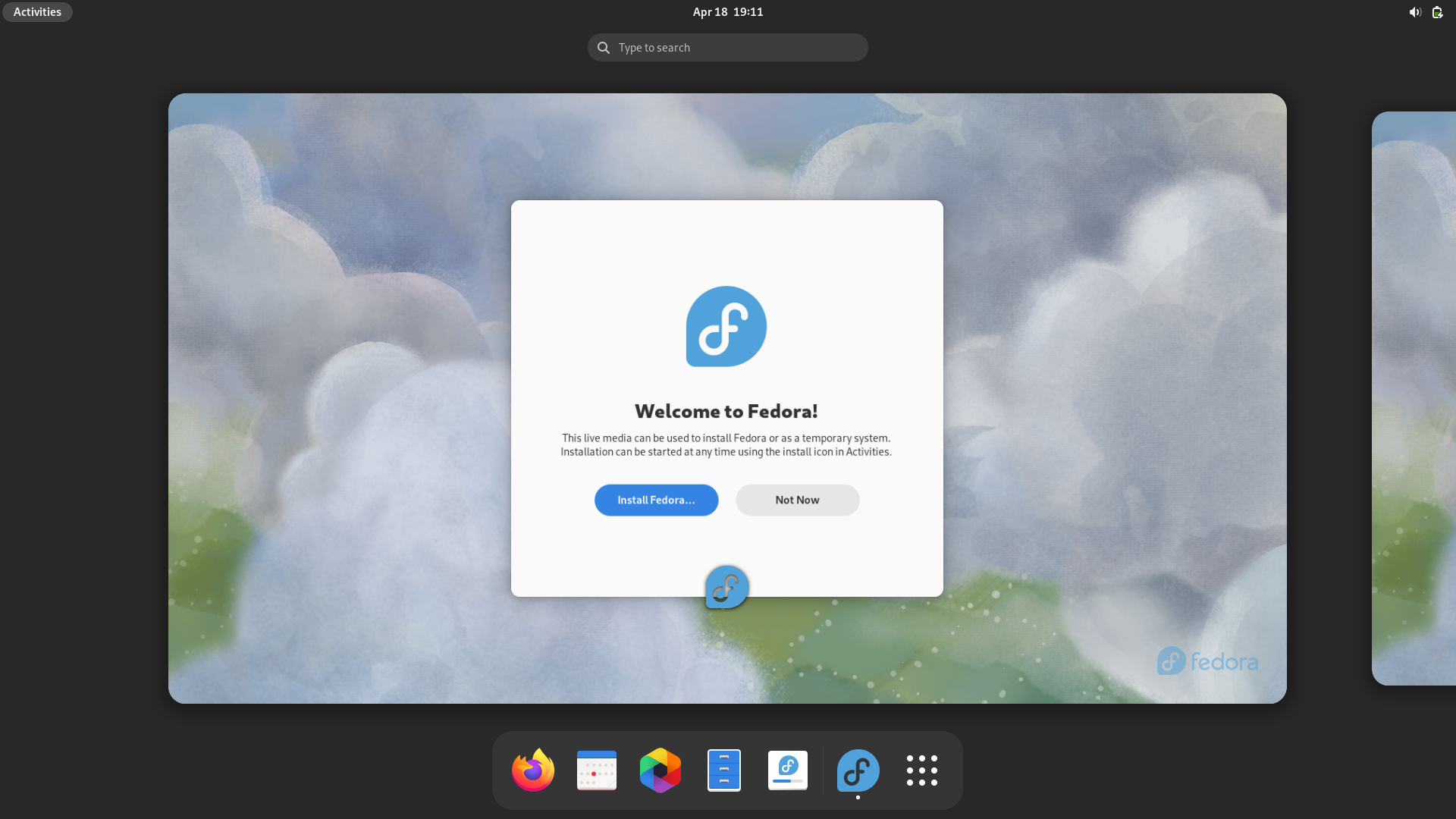 Fedora desktop screenshot: 38 live desktop with install prompt