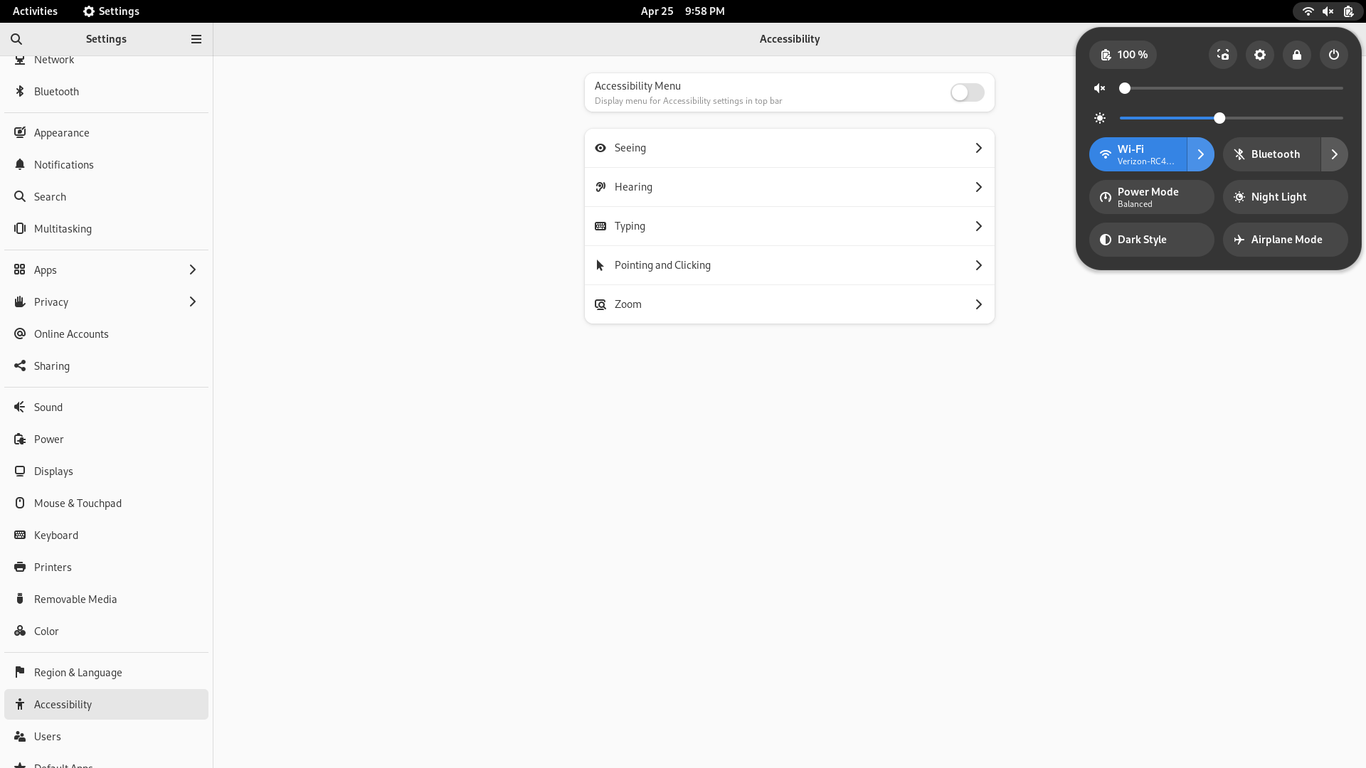 Fedora desktop screenshot: 38 settings accessibility panel and quick settings menu