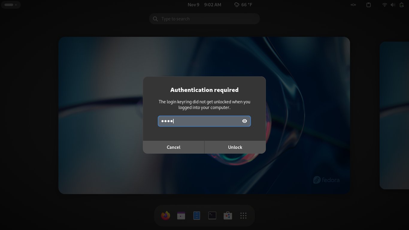 Fedora desktop screenshot: 39 signin